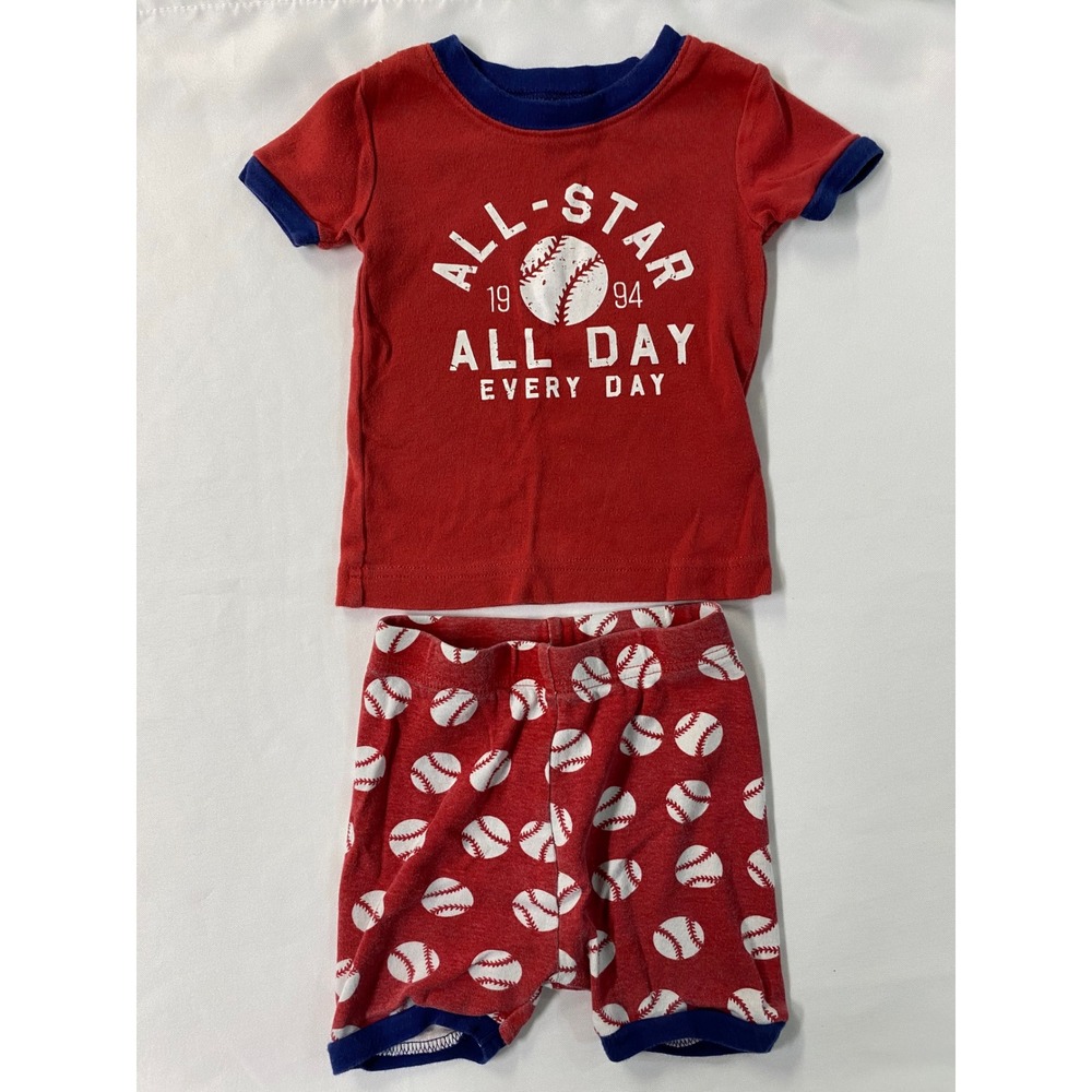 Old Navy Kids Pajama Set of 2 12-18M Baseball Star Handsome Red Green Striped - Picture 2 of 14